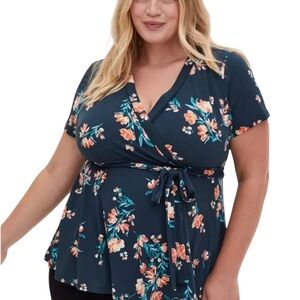 Torrid Quiet Luxury Teal Knit Crepe Wrap Peplum Top Self Tie Sash Surplice 2